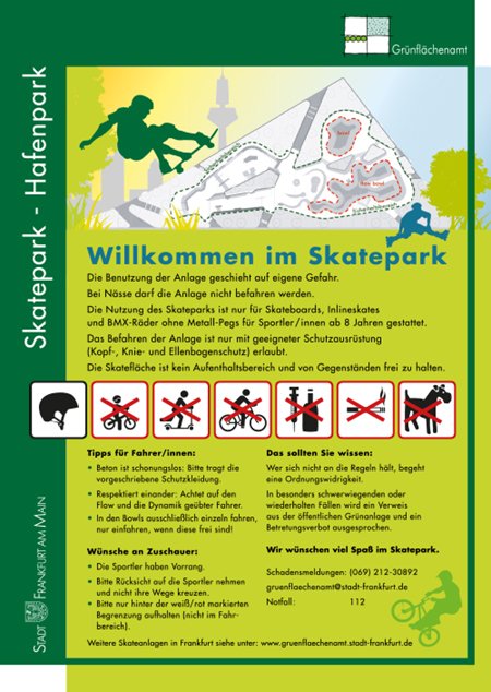 Individuelles Skateparkschild mit Lageplan und Sicherheitshinweisen